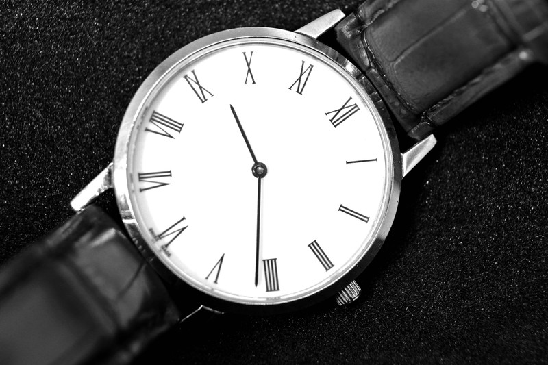The Roman-numeral watch, the dial close.