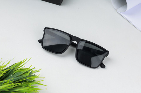 Black square sunglasses beside a sprig of green.